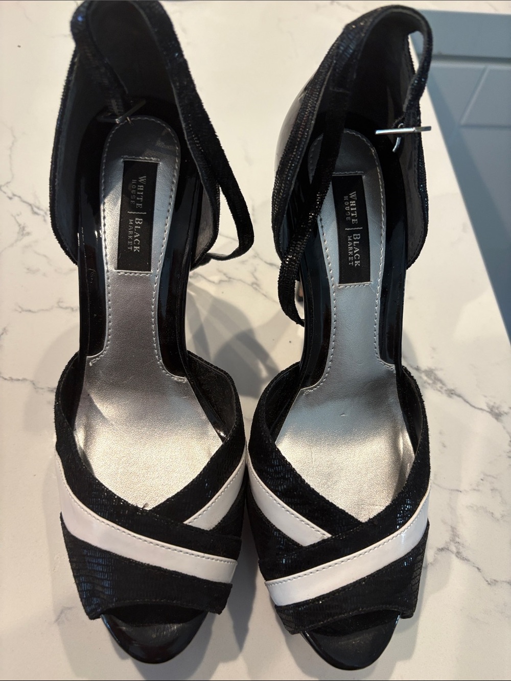 White House Black Market Black & White Cross-Strap Peep-Toe Heels